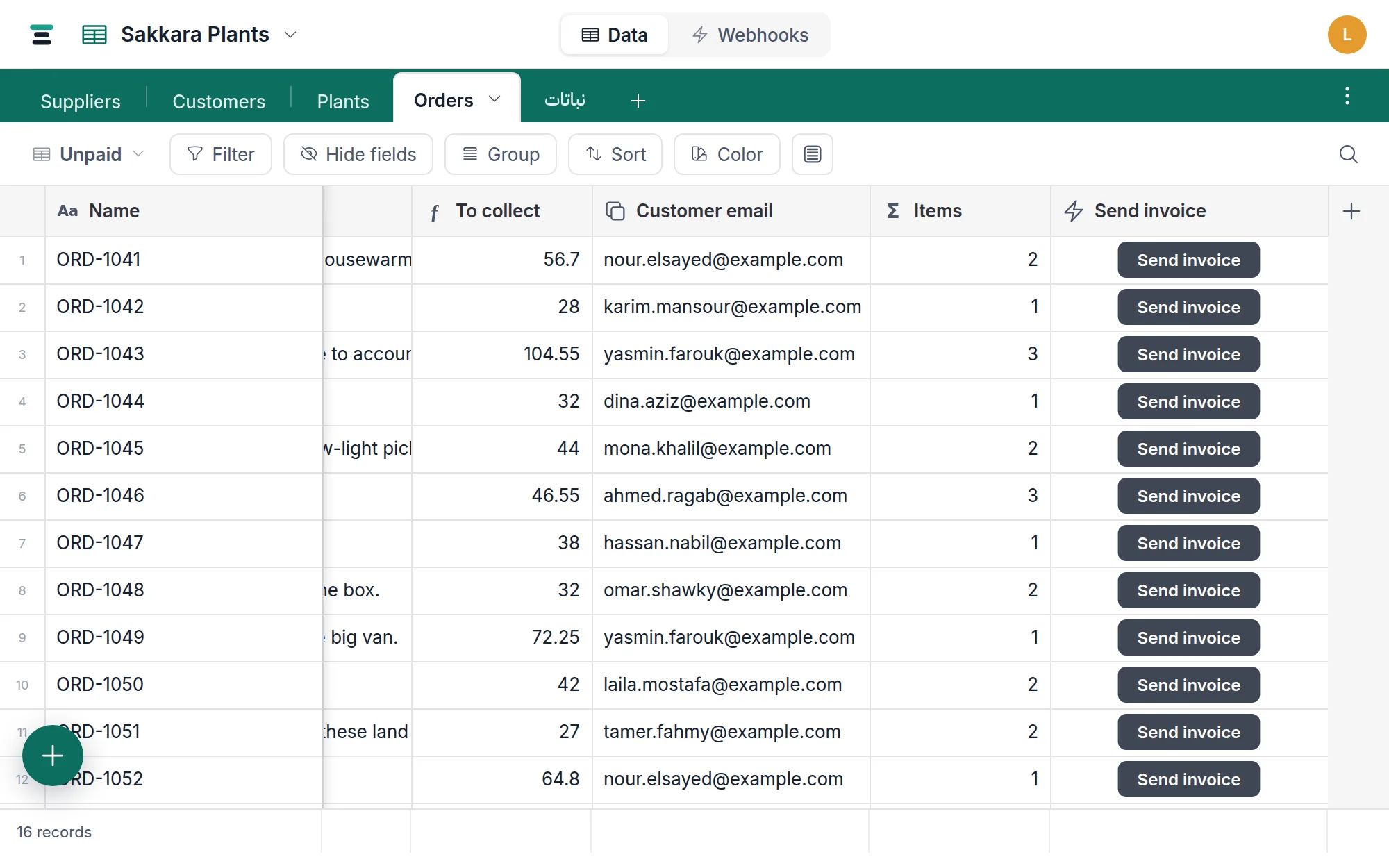 The Orders grid with the Send invoice button column: one colored pill per row, ready to press.