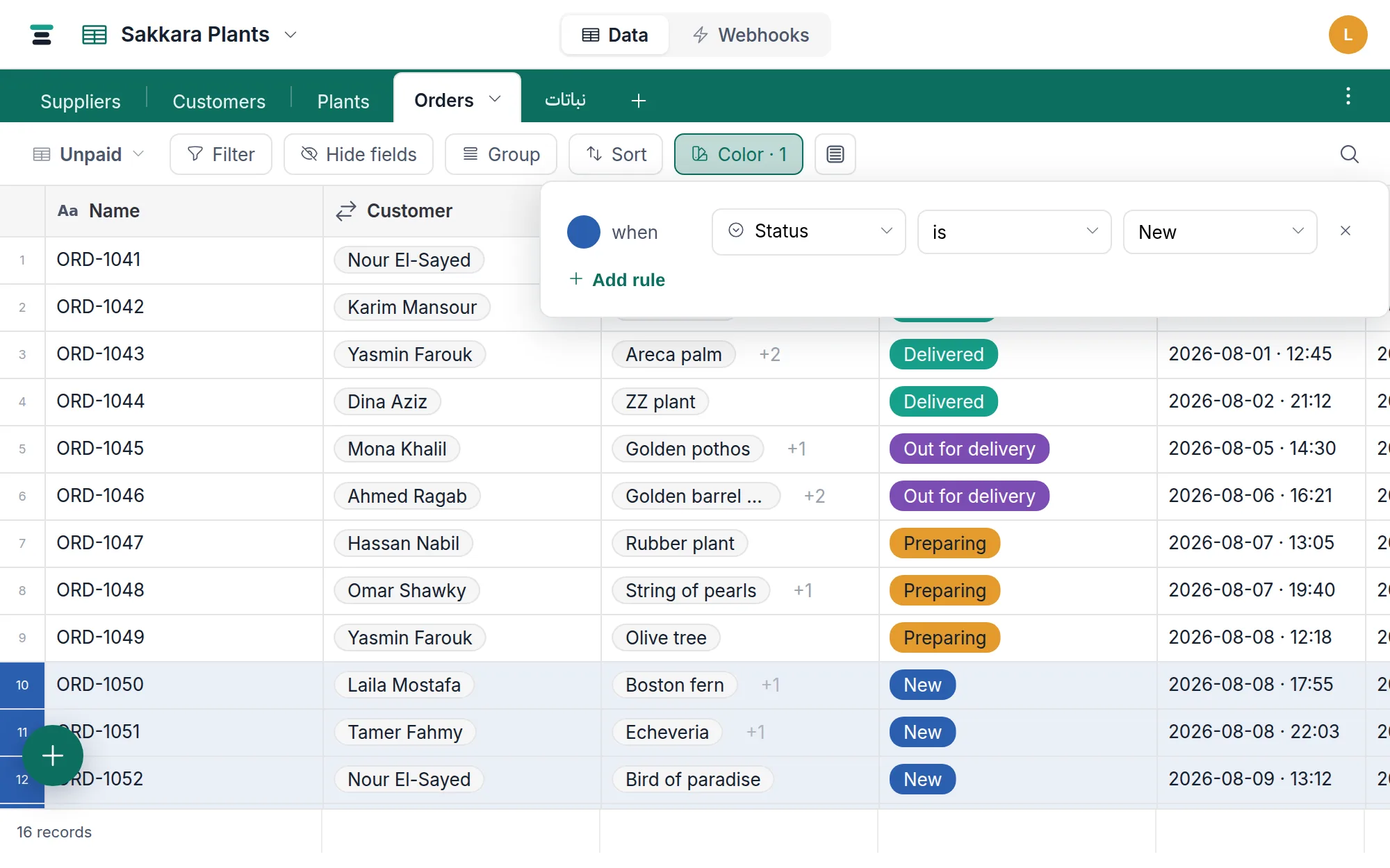 The Color panel over the Orders grid: a rule reading pomegranate when Paid is unchecked, with matching rows washed behind it.