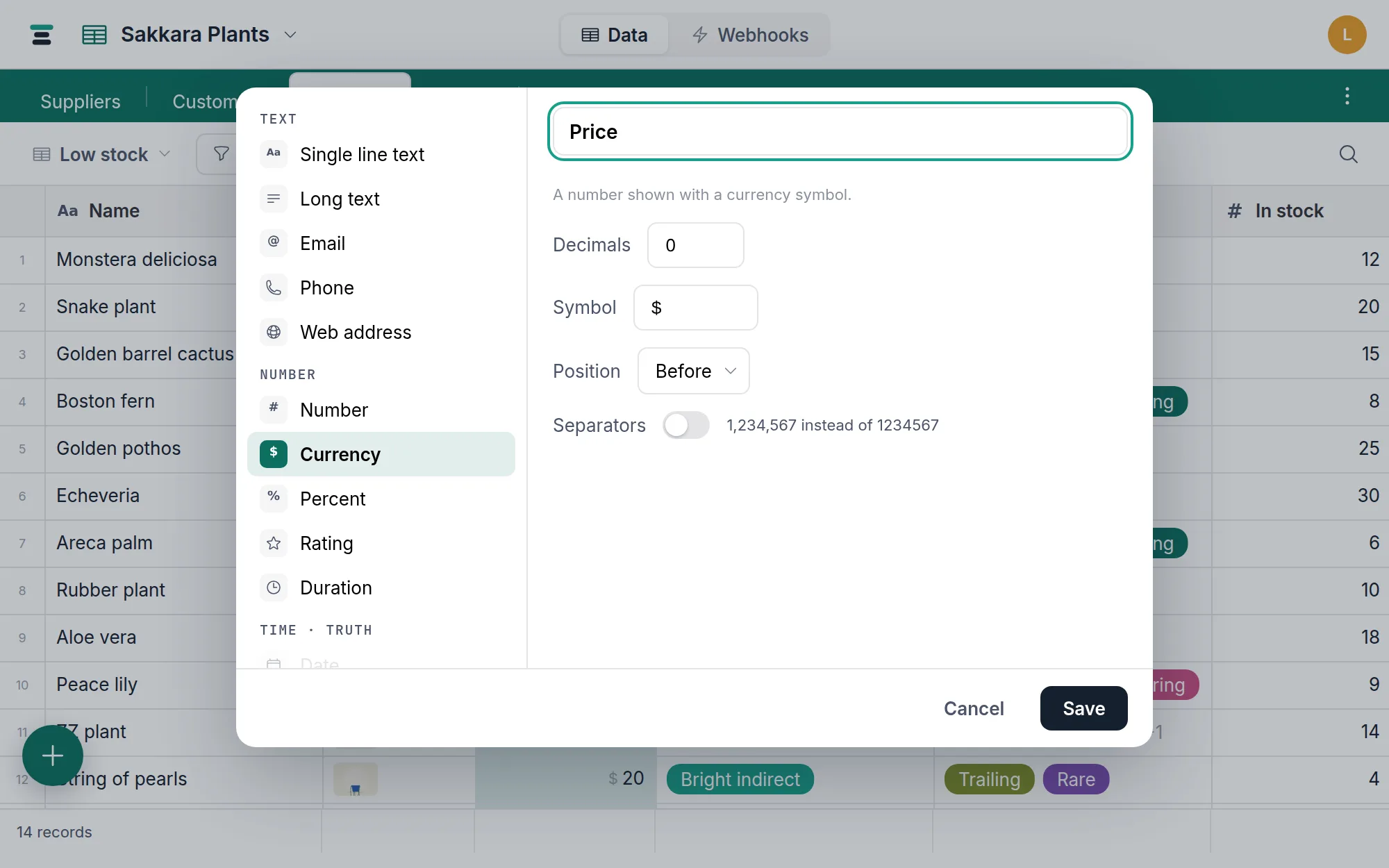 Editing the Price currency field: Decimals, Symbol, Position, and Separators in the field editor.