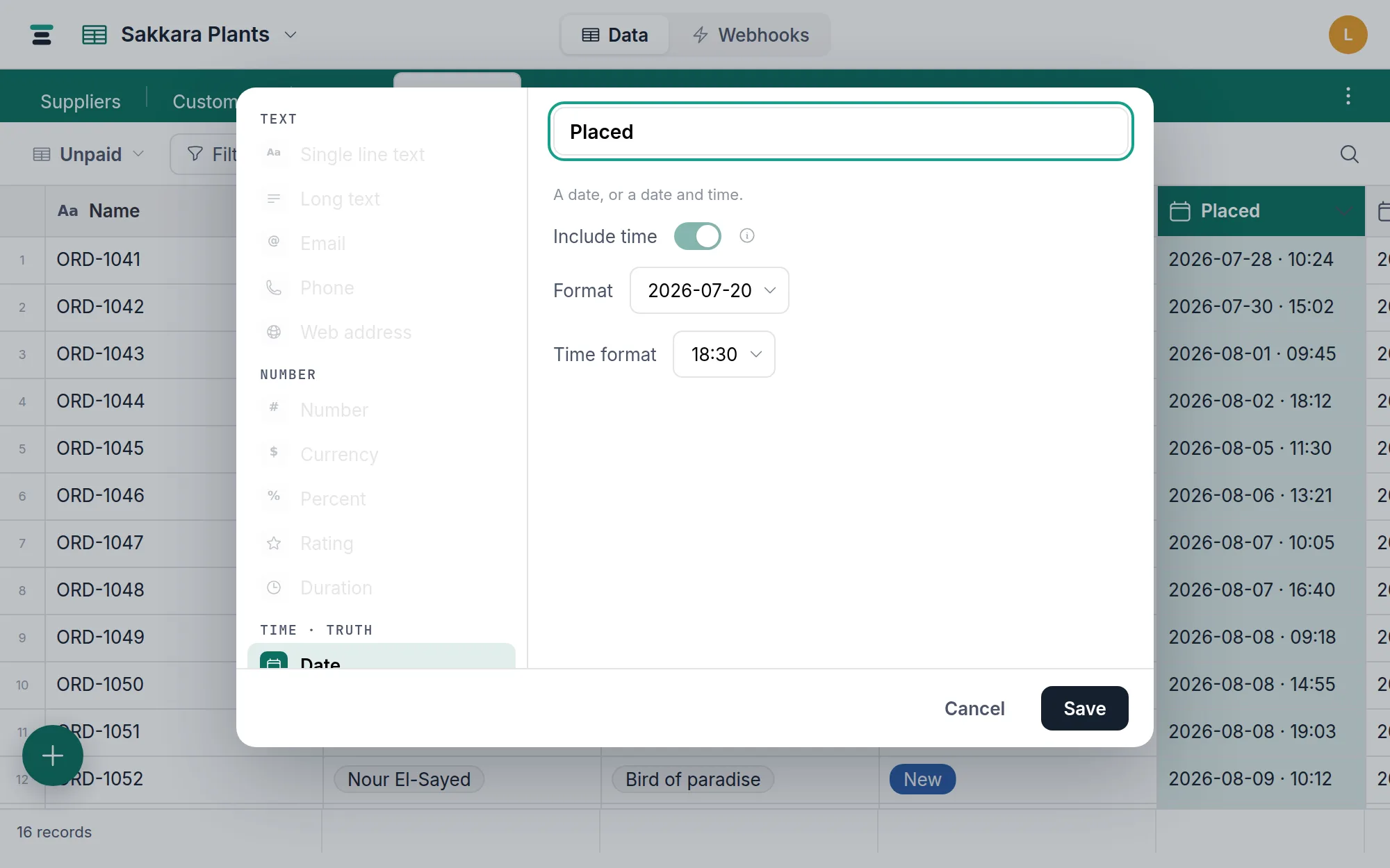 Editing the Placed date field: the Include time switch shown locked, with the Format and Time format selects below.