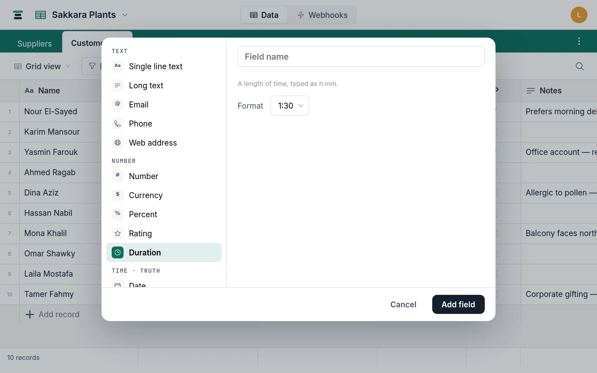 Adding a duration field: the Format select offering 1:30 and 1:30:00 in the field editor.