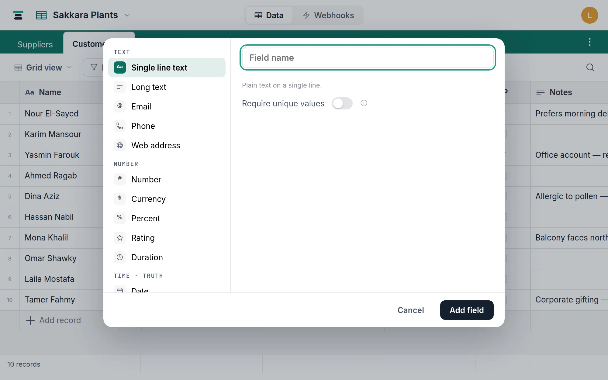 The field type picker: the grouped list of types on the left, the selected type's settings on the right.