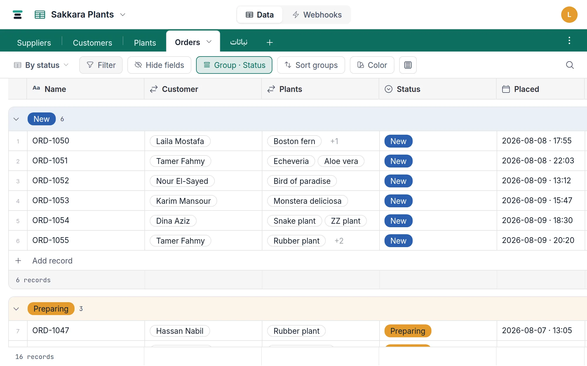 The Orders grid grouped by Status: one rounded section per status, title bars in the choice colors, counts and per-group footers.
