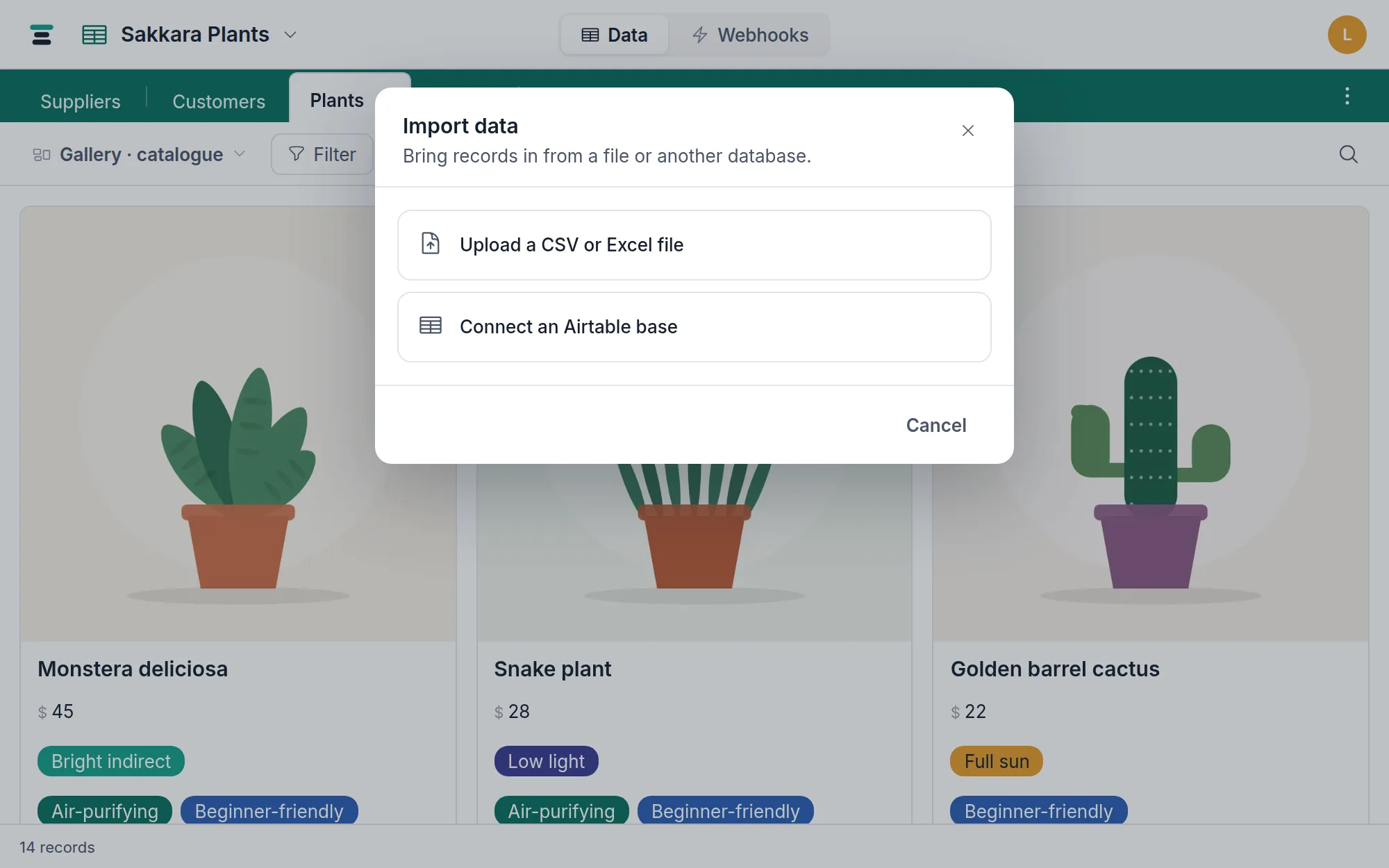 The Import data dialog: Upload a CSV or Excel file, or Connect an Airtable base.