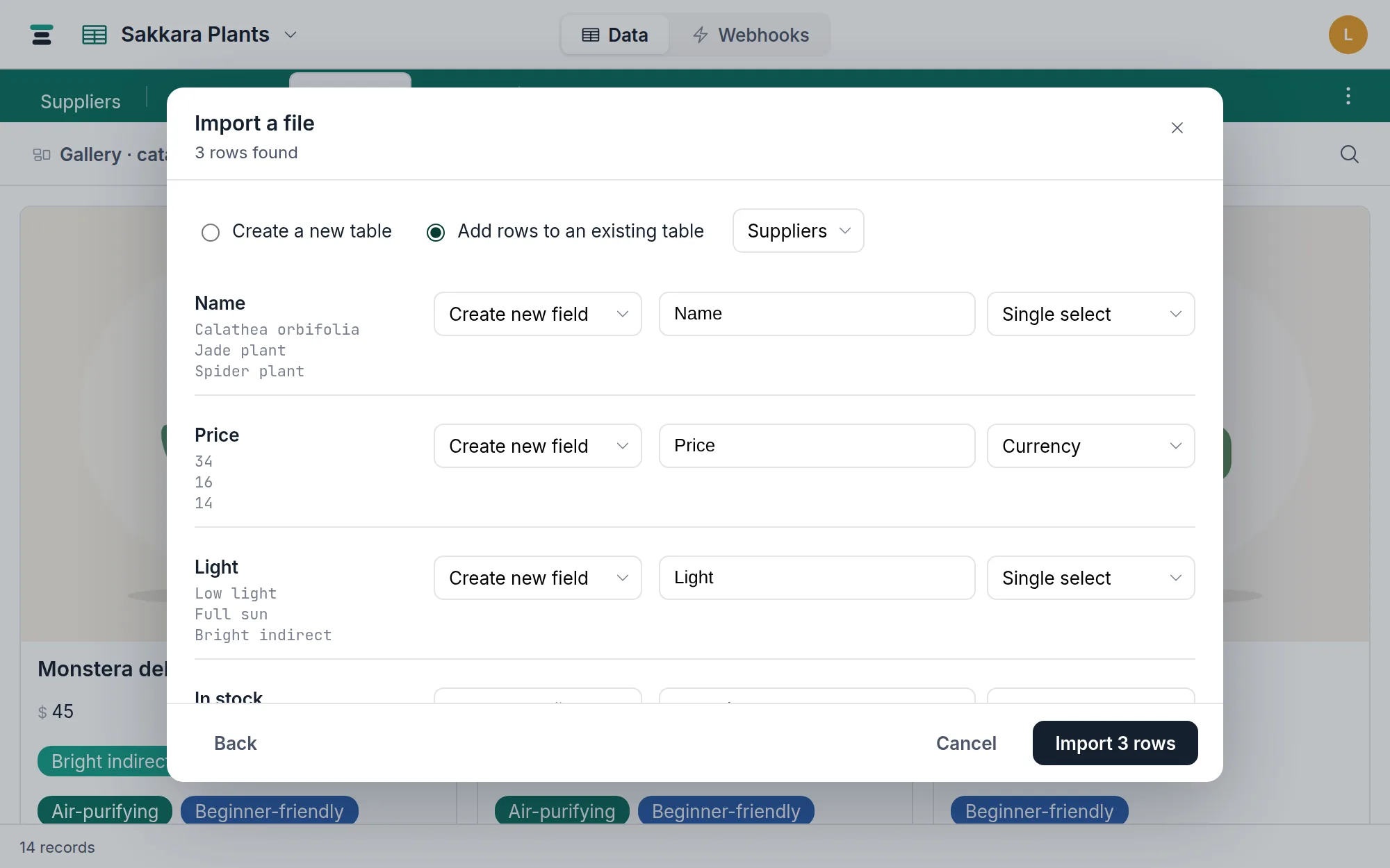 The mapping step in existing-table mode: a column being mapped to one of the Plants table's fields, with sample values on the left and the three-way action select per row.