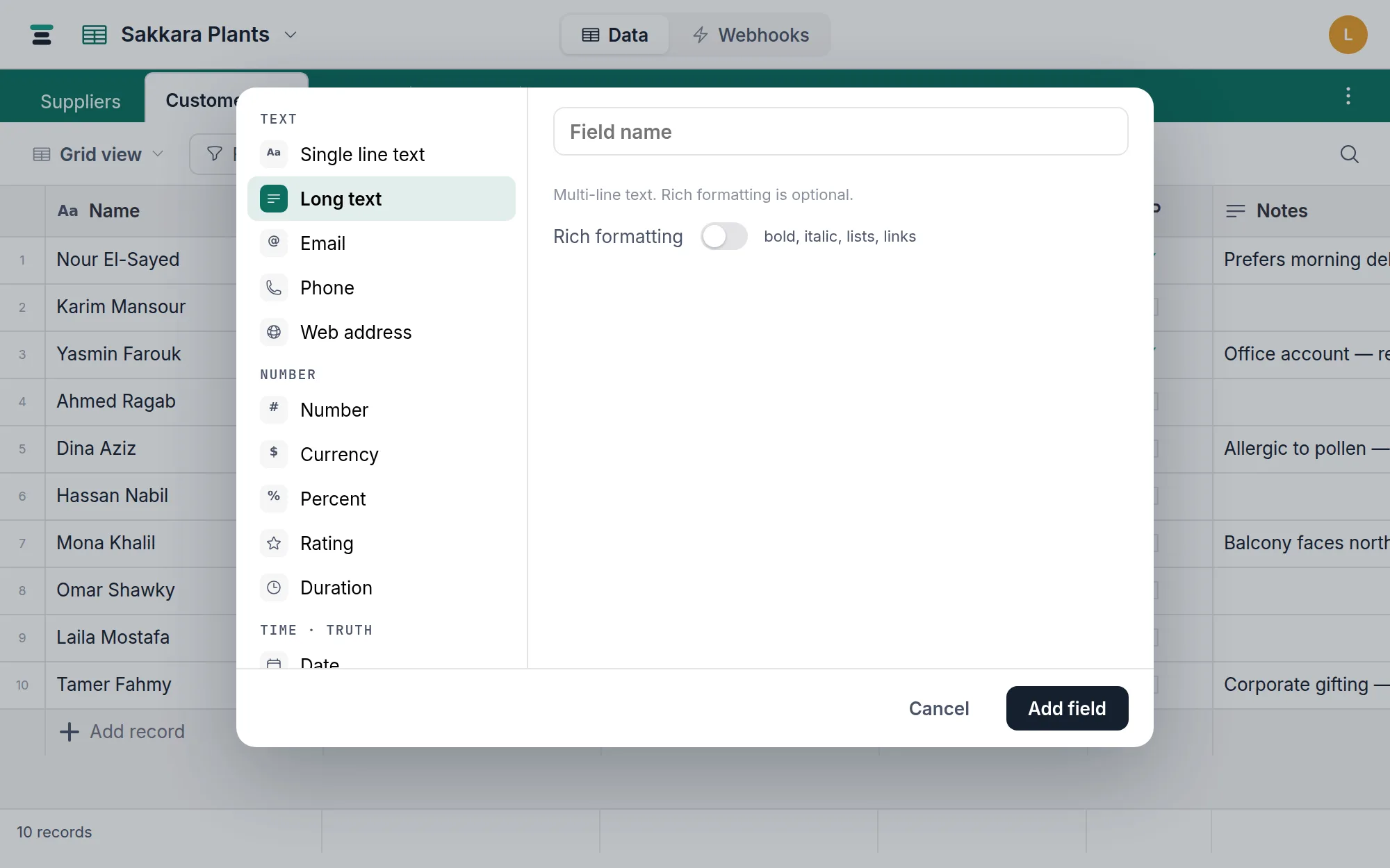 The long text type in the field editor, with the Rich formatting switch and its "bold, italic, lists, links" hint.