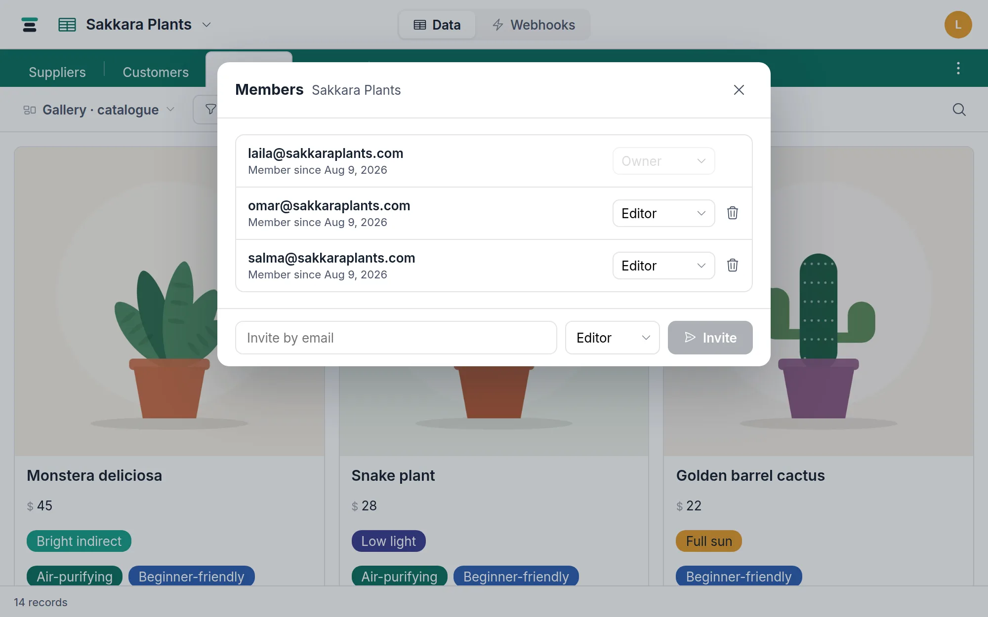 The Members modal for Sakkara Plants: three members with their roles and join dates, and the invite-by-email row at the bottom.