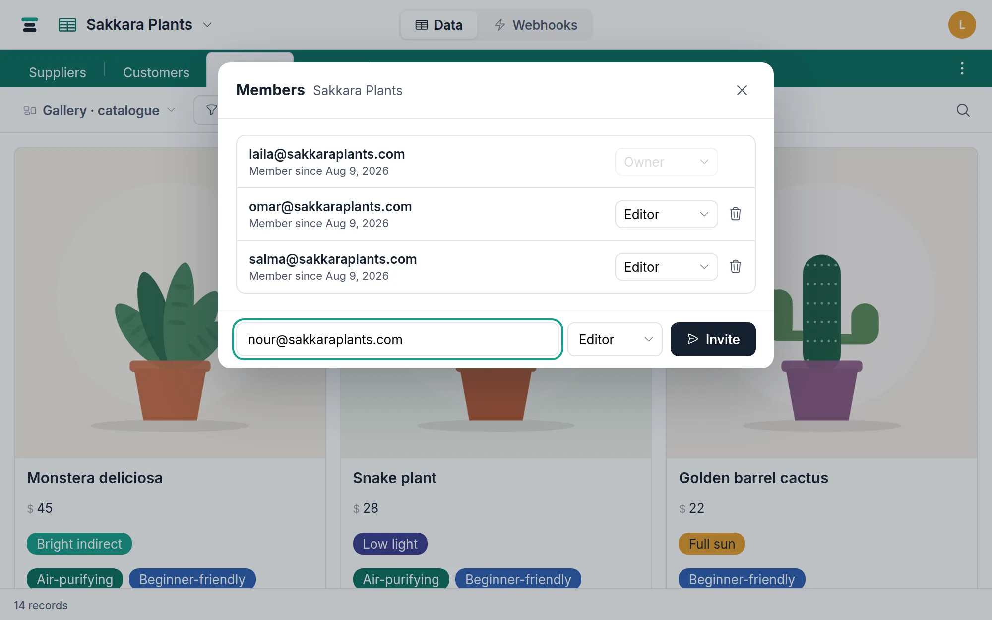 The invite row filled in: an email address typed, the role select on Editor, the Invite button ready.