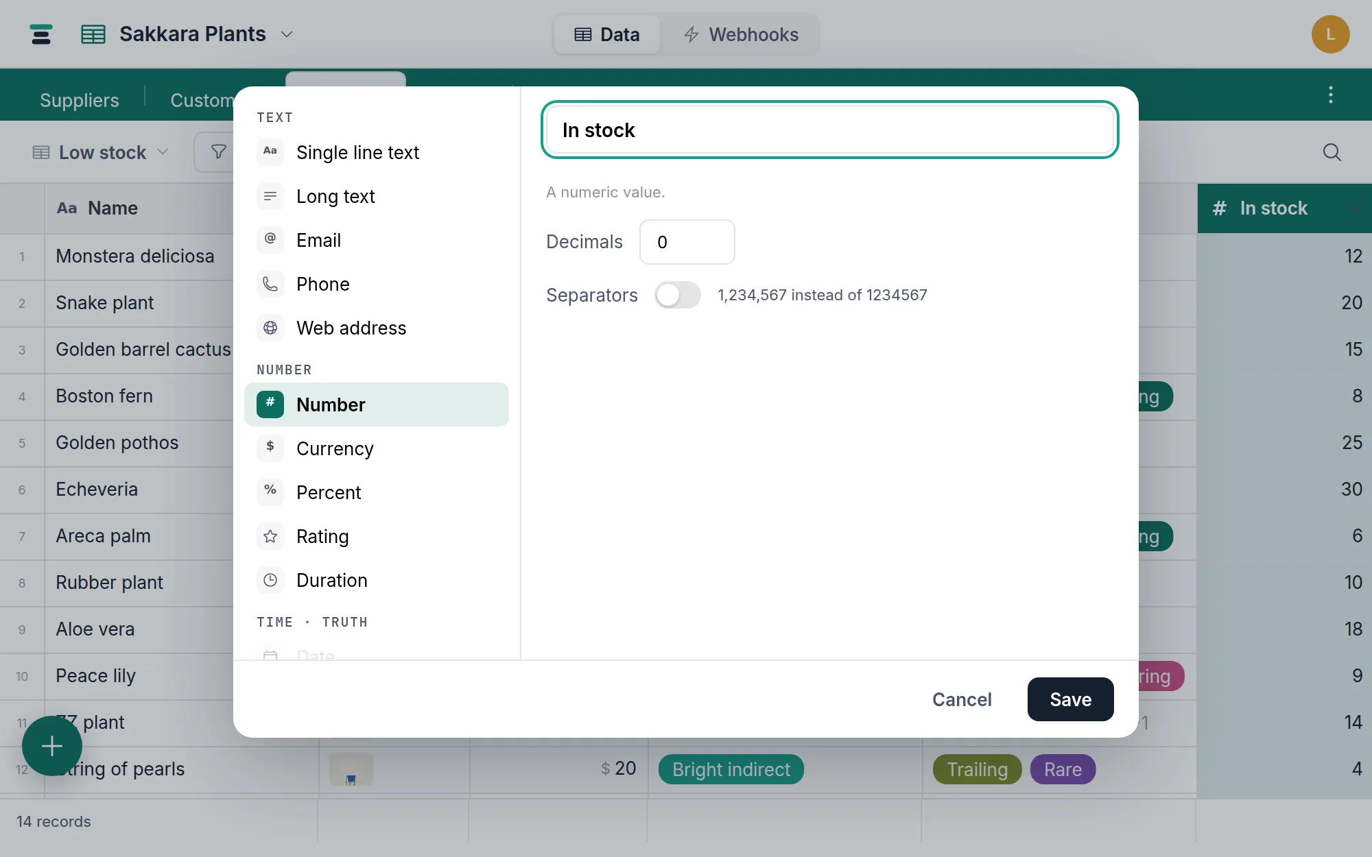 Editing a number field: the Decimals input and the Separators toggle in the field editor.