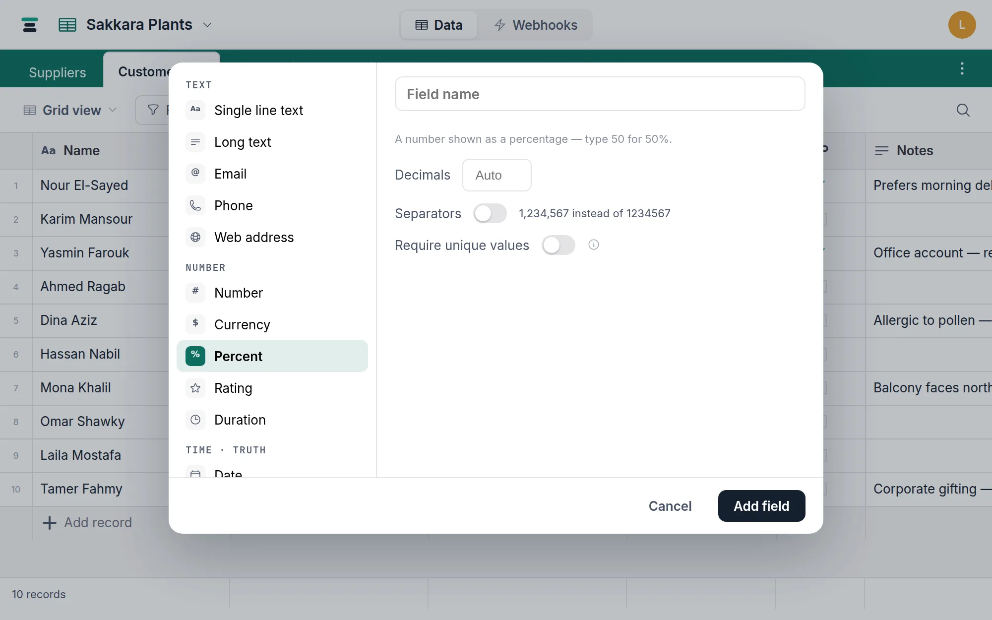 Adding a percent field: the type picked in the field editor, with its "type 50 for 50%" description and the Decimals and Separators options.