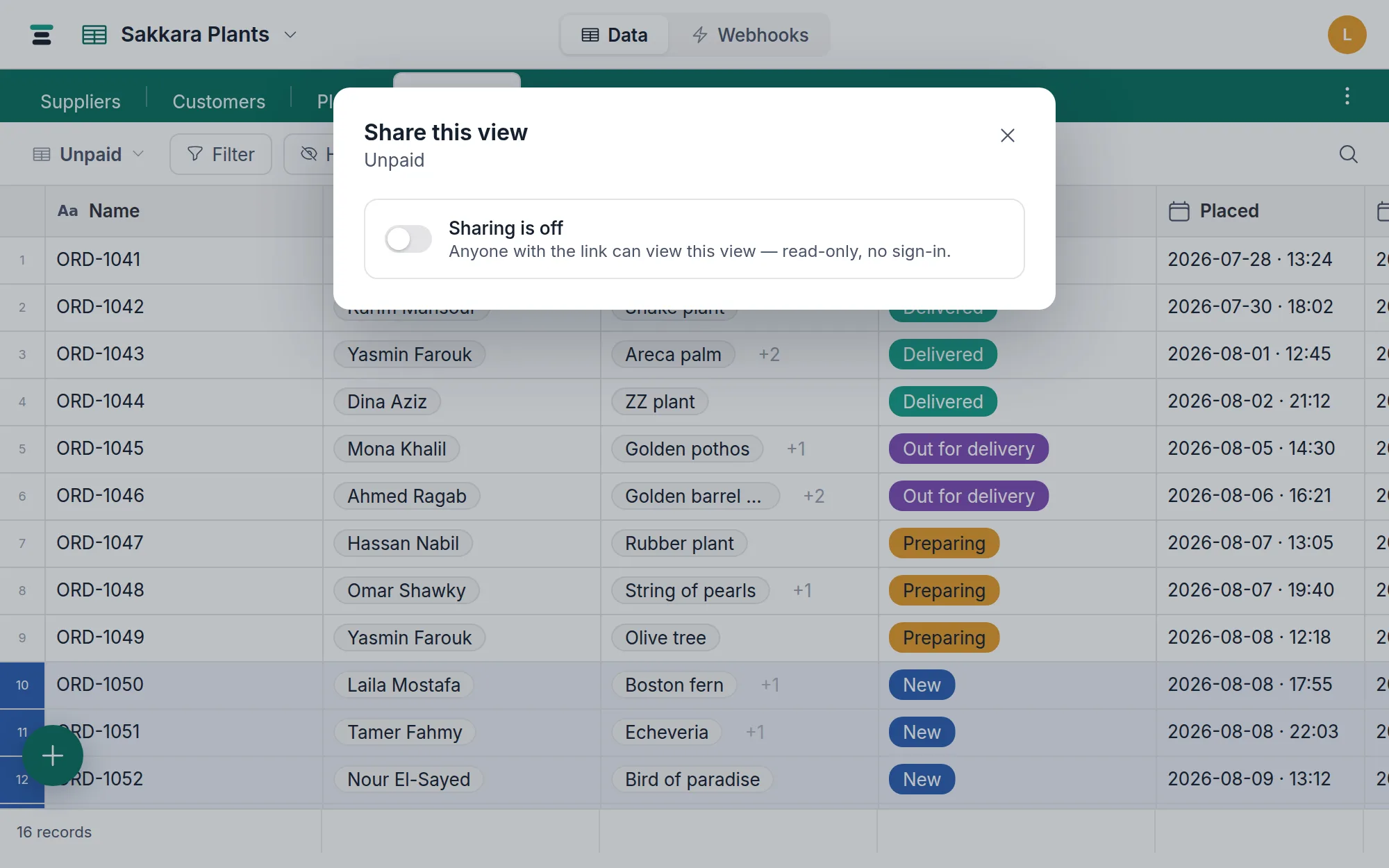 The Share this view dialog: the public switch on, the /share link ready to copy, and the regenerate option below.