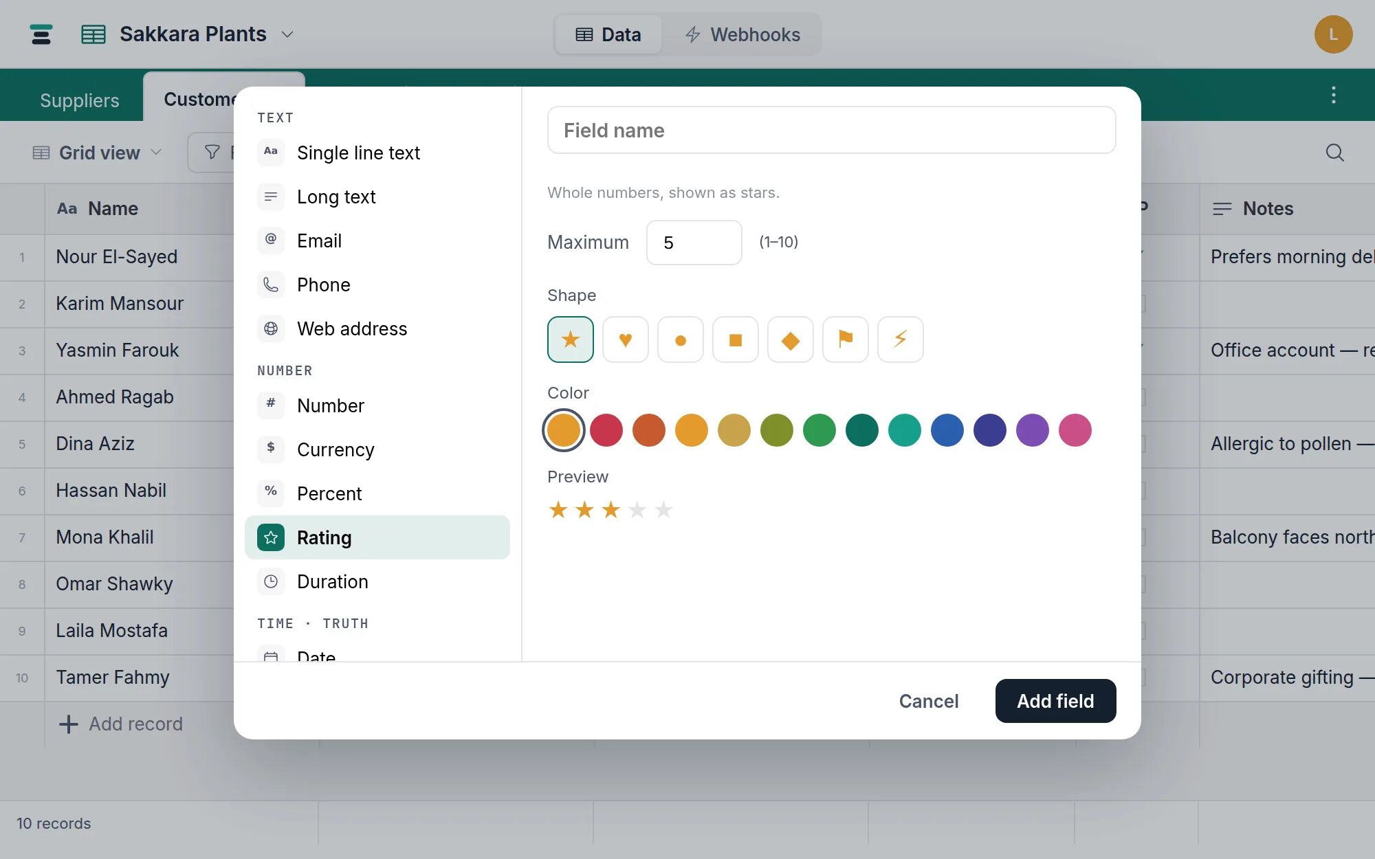 Adding a rating field: Maximum, the seven shape buttons, the color row, and the live preview in the field editor.