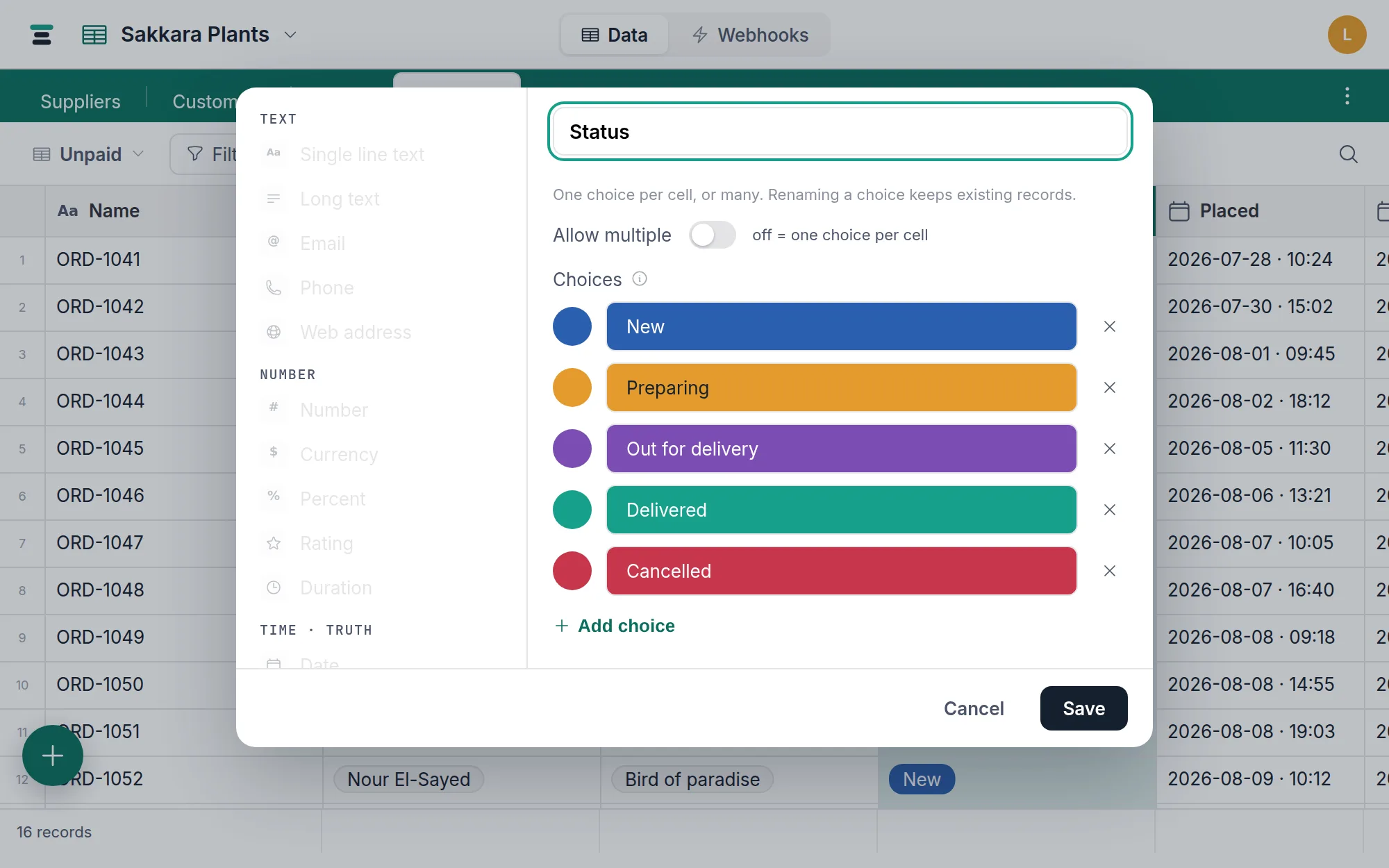 Editing the Status select field: the Allow multiple toggle and the five choices, each on its own color.