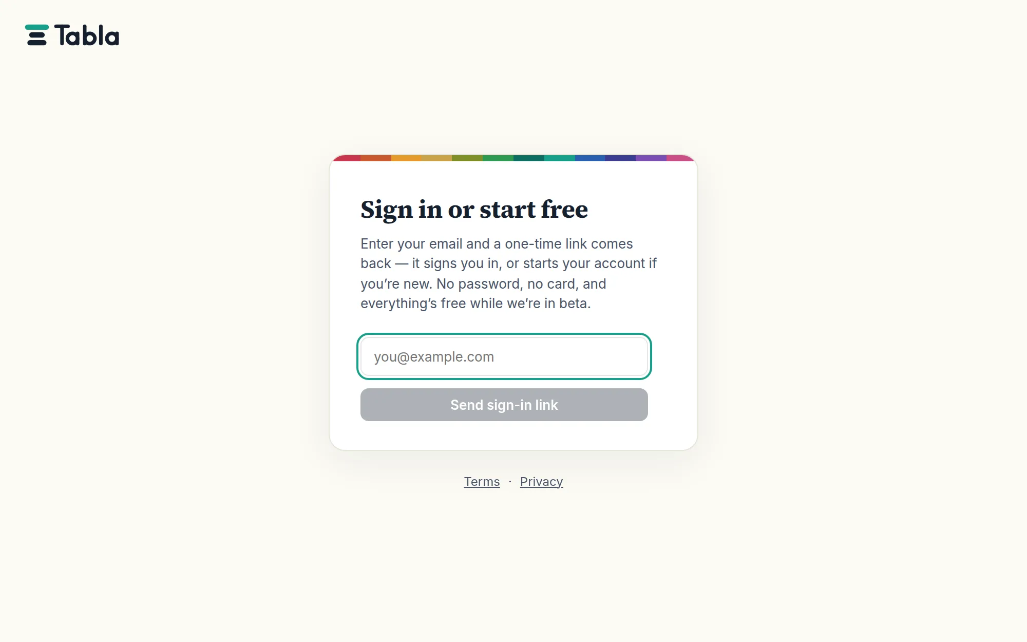 The Tabla sign-in card: an email box and a Send sign-in link button.