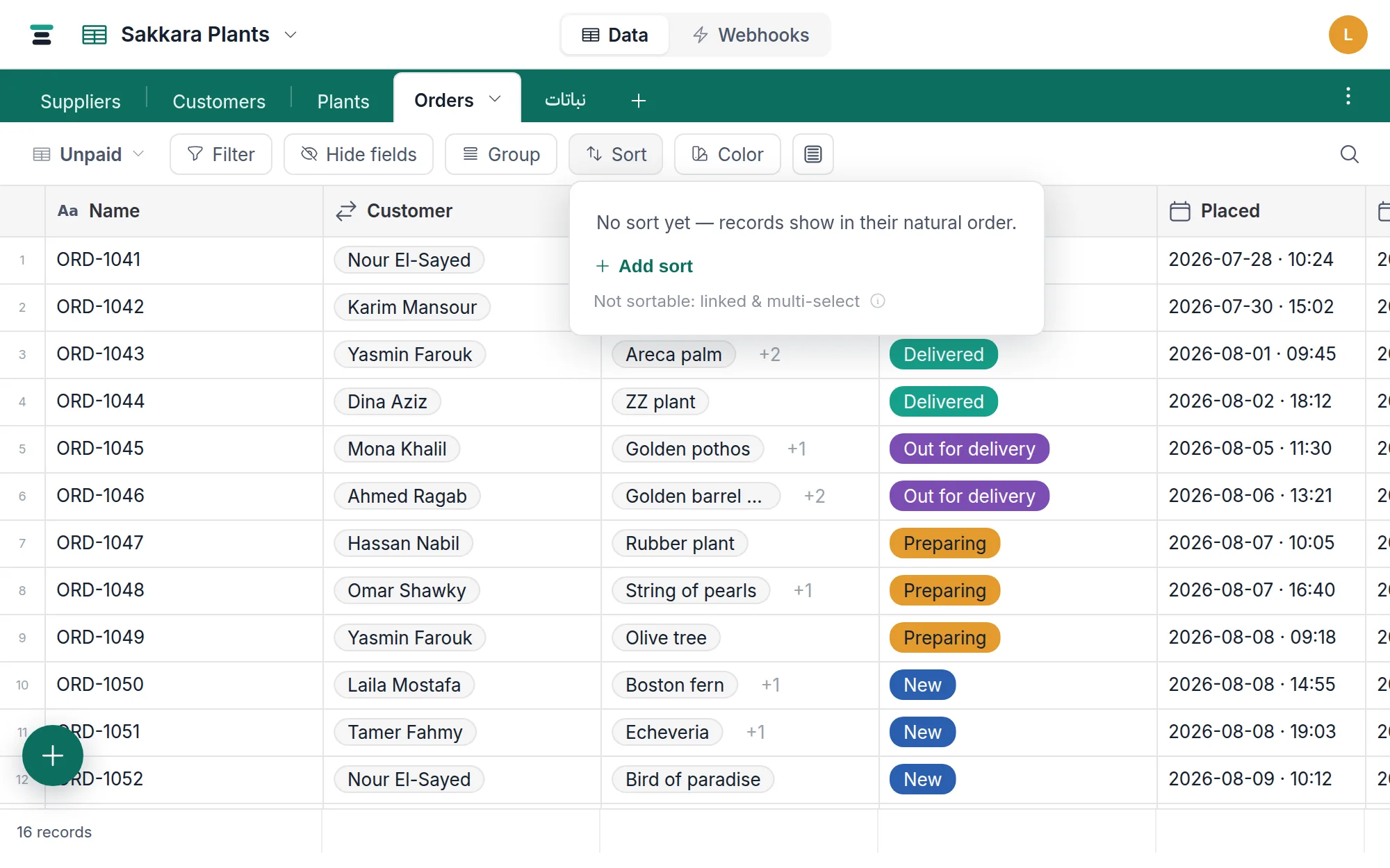 The Sort panel over the Orders grid: sort by Deliver by, then by Total, each with its direction toggle.
