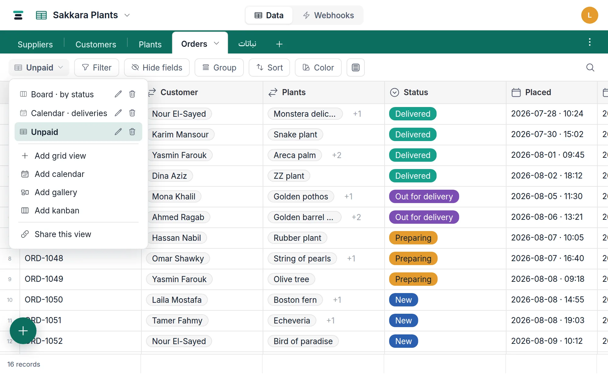 The view switcher open over the Orders table, listing a board, a calendar and a grid view, with the four Add options below.