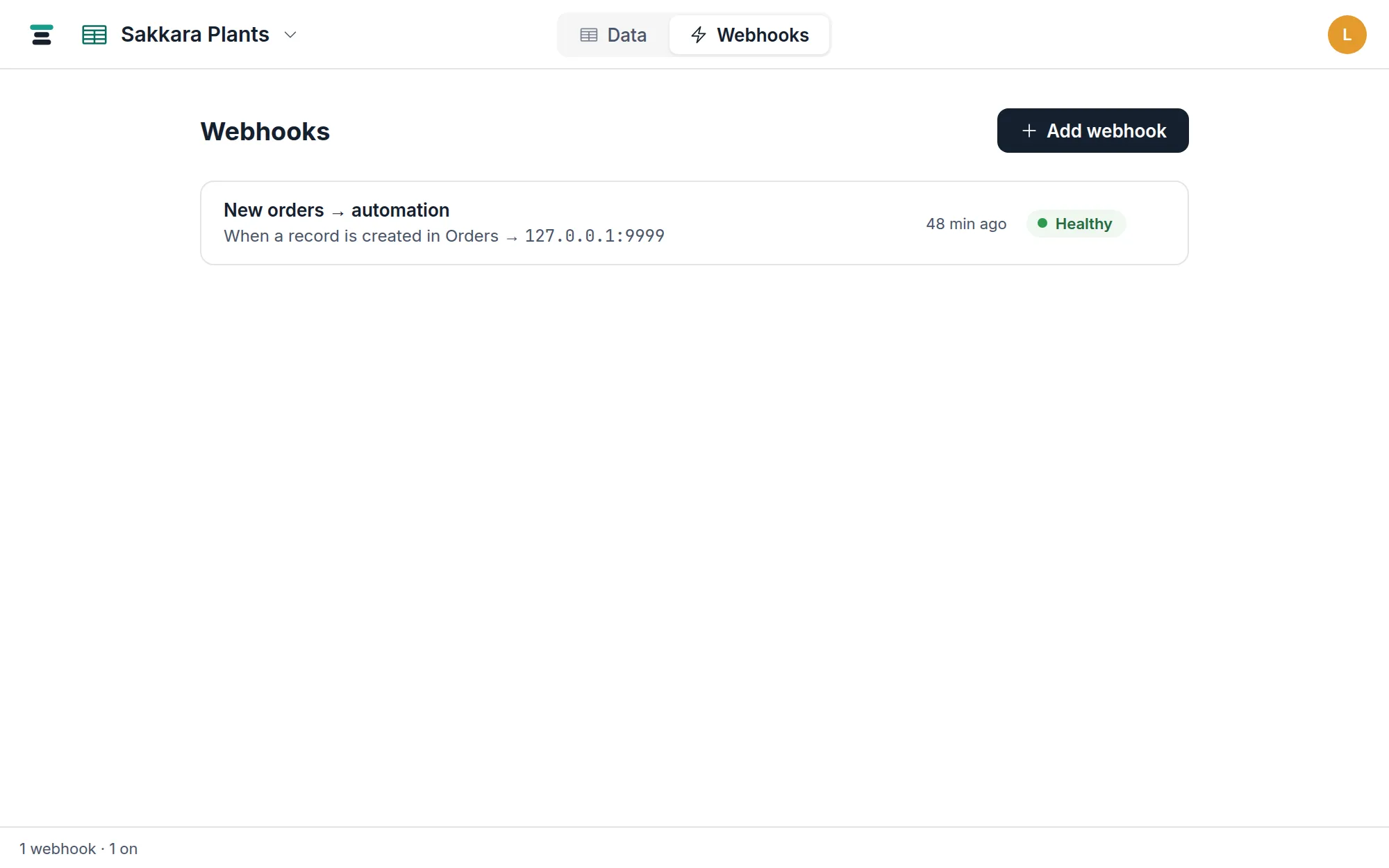 The Webhooks tab of the Sakkara Plants database — the list showing the webhook "New orders → automation" with its one-line summary and a green Healthy chip.